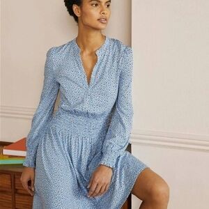 Boden Light Blue Patterned Long Sleeve Smocked Jersey Dress